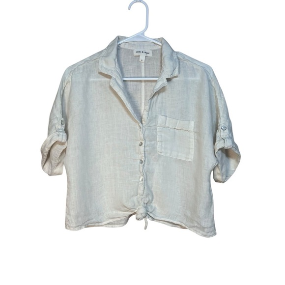 Cloth & Stone Anthropologie 100% Linen White Tie-Front Short Sleeve Crop Blouse - Picture 2 of 9